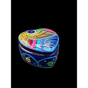 Mexican Trinket Box Heart Lidded Gold Sparkle Hand painted Bird and Flower
